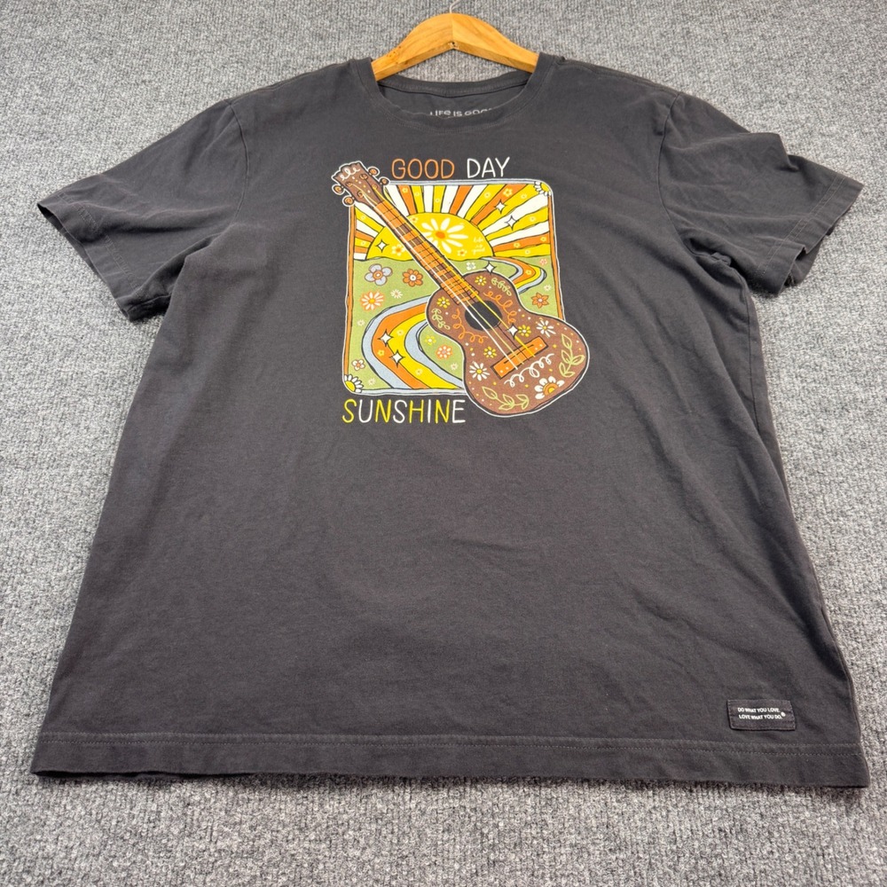 Life is Good T-Shirt Mens Medium Gray Excellent Good Day Sunshine Guitar Graphic